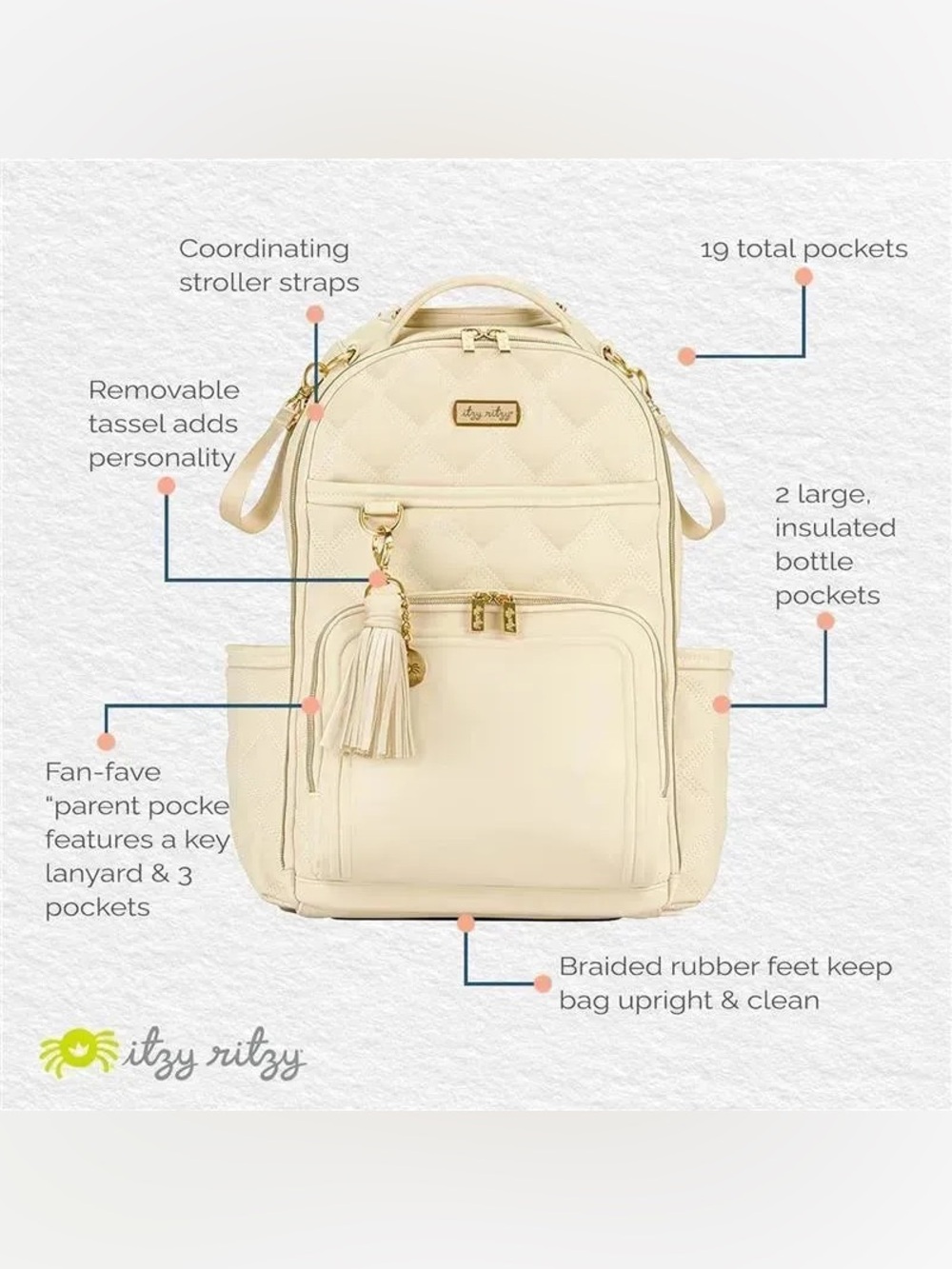 Itzy Ritzy Cream Quilted Diaper Backpack with Tassel Charm